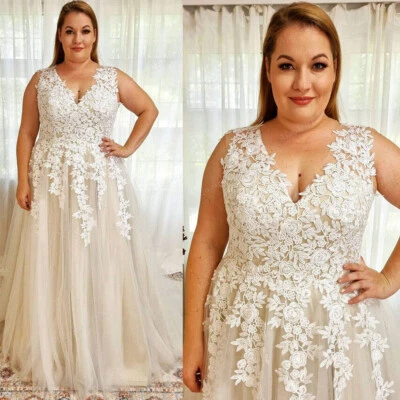 Plus Size Wedding Dresses Beach Sleeveless A Line Lace V Neck Boho Bridal Gowns - Image 1 of 4