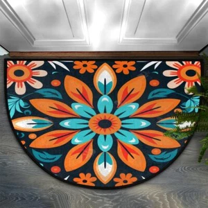 Mandala Flower Half-Round Doormat Washable Semi-Circle Absorbent Rug - Picture 1 of 8