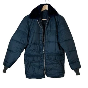 Vintage 70s quilted coat Mens L Sweathogs navy blue flawed Thrashed - Picture 1 of 7