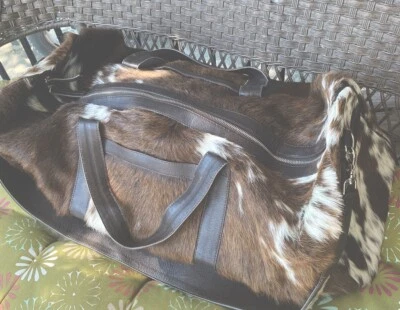100% Natural COWHIDE Duffel Bag Hair On Leather TRAVEL Bag Long Strap Zippered - Image 1 of 4