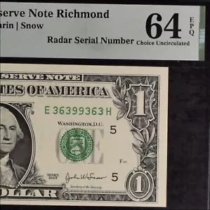 $1 Dollar Bil FRN Richmond Trinary Radar Serial Number 3s 6s 9s PMG 64 UNC - Picture 1 of 4