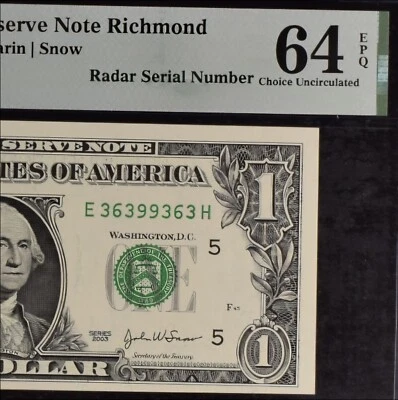 $1 Dollar Bil FRN Richmond Trinary Radar Serial Number 3s 6s 9s PMG 64 UNC  - Image 1 of 4