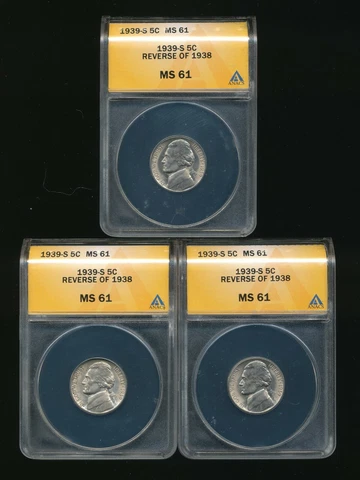 Set of 3 1939-S 5C Jefferson Nickel Reverse of 1938  ANACS MS 61              ac Cover