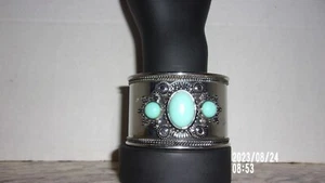 Blue Stone & Silver Wide Cuff Bracelet,  size 6 1/2,  2" wide - Picture 1 of 4