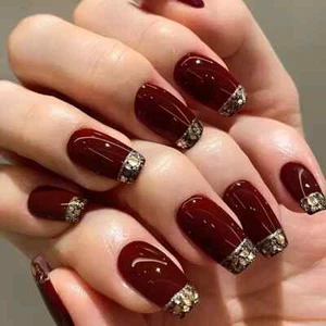 24pcs Medium Square Press On Nails Dark Red/gold glitter+Glue gel tabs +file - Picture 1 of 2