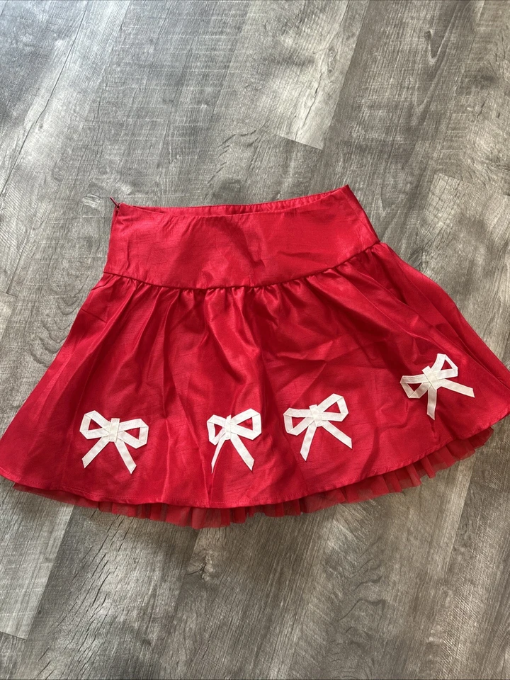 Satin Red White Bow Hartstrings Skirt Elastic Pull On GIRLS Sz 8 Holiday Party - Image 1 of 4