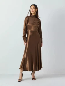 Vivere By Savannah Miller Midi Dress June Hammered Satin Brown UK 14 - BNWT £165 - Picture 1 of 22