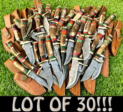 Lot Of 30 6" Custom Handmade Damascus Blade USA Horn Hunting Knives EDC W/Sheath - Image 1 of 4