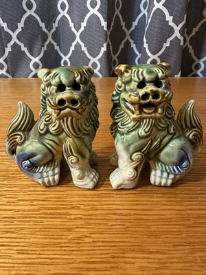 "Par de colección de porcelana china verde azul marrón foo perros leones dragones 3,5"" de alto" Foto 1 de 4