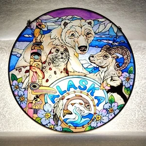 AMIA Hand Painted Alaska Stained Glass w/Totem Pole & Animals 6.5" Suncatcher - Picture 1 of 7