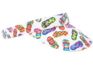 "Where's The Beach?" - Allover Flip Flops Print SUN Golf Visor Brights on White - Picture 1 of 5