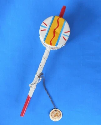 Vintage Native American Hand Drum Indian Chief Hand Rattle rawhide  - Image 1 of 4