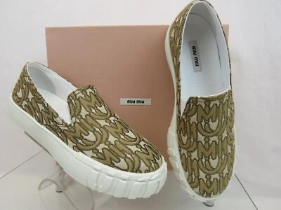 NUEVO EN CAJA ZAPATILLAS MOCASINES SIN CORDONES MIU MIU PRADA 5S483D BEIGE MARRÓN LOGOTIPO JACQUARD 37 Foto 1 de 4