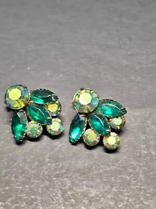 Vintage Green Glass & Rhinestone Clip Earrings, Signed Celebrity - Picture 1 of 6