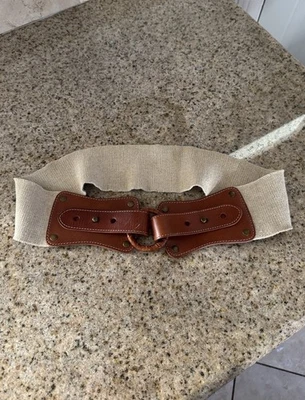 Cinturón Lands' End Tejido Cuero Marrón y Lino Beige - Para Mujer Talla M/36" Foto 1 de 4