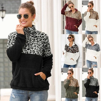 Women Zip Neck Pullover Sweatshirt Fleece Fur Warm Winter Hoodies Jumper Tops UK