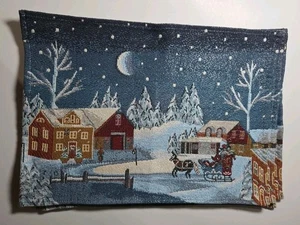 4 Weihnachten Tischsets Gewebt Gobelin Glitzernde Winterszene Schlitten ~ EUC ~ - Bild 1 von 4