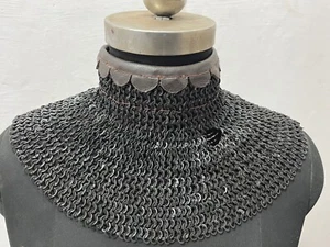 Medieval Gorget 6 mm Steel Flat Ring Riveted Black Finish Chainmail Collar Armor - Picture 1 of 5