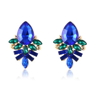 New Blue Green Gold Gem Tone Crystal Retro Vintage Style Geo Earrings Boutique