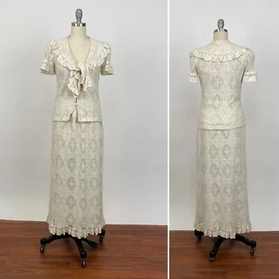 Conjunto de falda midi manga corta de encaje crochet blanco roto Donald Brooks de colección de los años 80 Foto 1 de 4