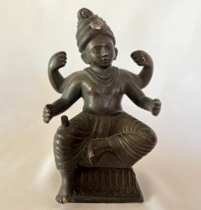 Bronze Bodhisattva Statue w/ Silver Crescent Moon (Four-Armed Avalokiteshvara?) - Picture 1 of 13