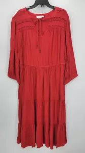 Nurture Dress Womens Plus 2X Red Balloon Sleeve Crochet Neck Tiered Maxi Boho - Picture 1 of 7