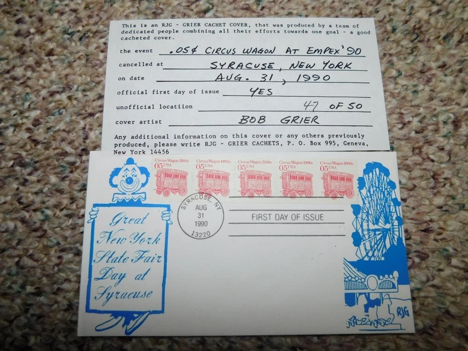 US 5 CENT CIRCUS WAGON FDC, CACHET BY BOB GRIER, # 47 OF 50 - Image 1 of 1