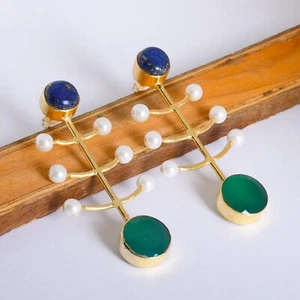 Affordable Price Natural Lapis Lazuli, Pearl And Green Onyx Earrings Made Brass - Picture 1 of 6