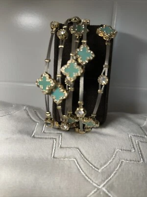 6 pulseras brazaletes apilables de acero inoxidable chapadas en oro turquesa y diamantes de imitación Foto 1 de 4
