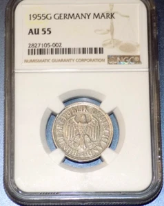 1955G Germany 1 Mark NGC AU55 ABOUT UNCIRCULATED KEY DATE GERMAN KM-110 1M COIN - Picture 1 of 4