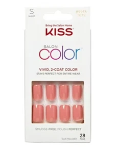 KISS Salon Color Short Length Square Glossy Nails 28 Nails -Guilty Pink #89143 - Picture 1 of 5