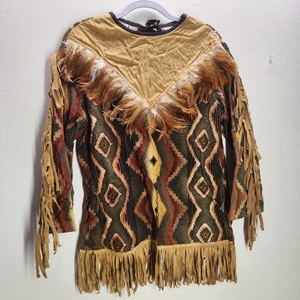 Vintage Handarbeit Indianer Thema Tunika Kostüm Stammesmuster mit Federn - Bild 1 von 7