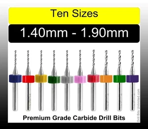Drill Bit Set 10 Sizes From 1.4mm to 1.9mm .055 to .0748" Carbide 1/8 Shanks C2 - Picture 1 of 4