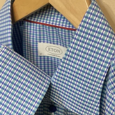 Camisa social masculina Eton XL 17 43 botão para cima azul branca leve afiada casual A74 - Imagem 1 de 4