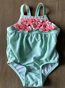 Cat & Jack Baby Girl Seafoam Green Pink Flower Swimsuit 3-6 months - Picture 1 of 3