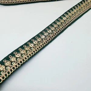Dunkelgrün Gold Pailletten Taft bestickt Band Trimmen indischer Verzierung - Bild 1 von 1