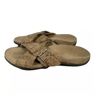 Vionic Skylar Adjustable Slide Sandal Cork Criss Cross Strap Gold Hardware Sz 6 - Picture 1 of 8