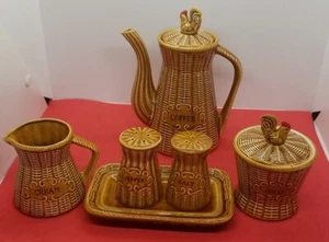 Vtg. 6 pc. Basket Weave Wicker Rooster Coffee Pot Set Ceramic Japan Farmhouse - Picture 1 of 11