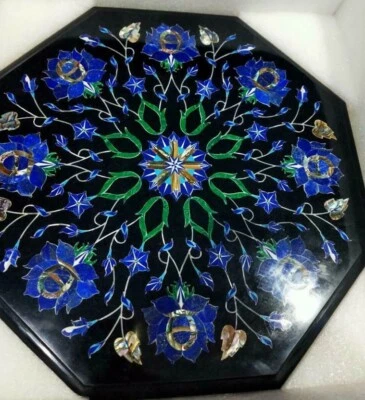 15" Black Marble side end Table Top Inlay lapis floral Handmade Art Work - Image 1 of 4