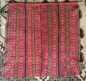 Vintage Peruvian Textile Manta Horses Red/Green Wool Handmade Horses Antique - Picture 1 of 11