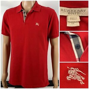 BURBERRY BRIT Size Medium Red 100% Cotton Nova Check Mens Polo Sport Shirt Golf
