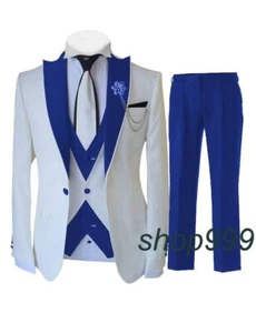 White Suits Men 3Piece Set Slim Formal Wedding Groom Tuxedo (Blazer+Vest+Pants) - Picture 1 of 36