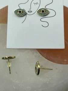 Evil Eye CZ Studs Earrings, Stud Minimalist Earrings Nazar 10mm x5mm. Protection - Picture 1 of 6