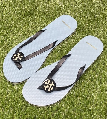 NUEVAS Sandalias Tory Burch Minnie Chanclas Talla 10 M Cuero Napa Azul Marino/Azul Polvoriento Foto 1 de 4