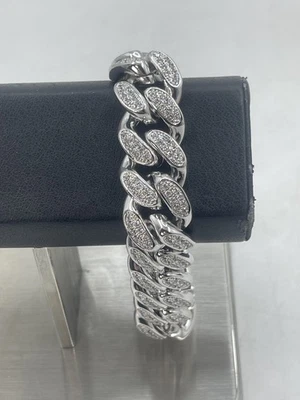 Brazalete de eslabones cubanos de diamantes GLD 10 pulgadas 19 mm enchapado en oro blanco de 14 K/piedras circonitas Foto 1 de 4