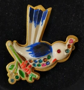 1940s Celluloid & Rhinestone Hand-Painted Colorful Bird Brooch/Pin On Brass EUC - Picture 1 of 11