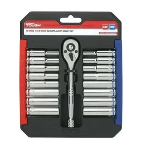 19 Piece 1/4 inch Drive Ratchet and Socket Set Hand Tool, Deep Sockets, 43233 - Picture 1 of 9