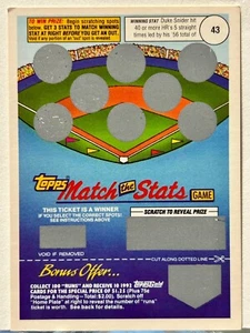 ⚾️ 1992 Topps Match The Stats Insert ⚾️ Duke Snider, Stat: 43 (1 of 52) - Picture 1 of 3