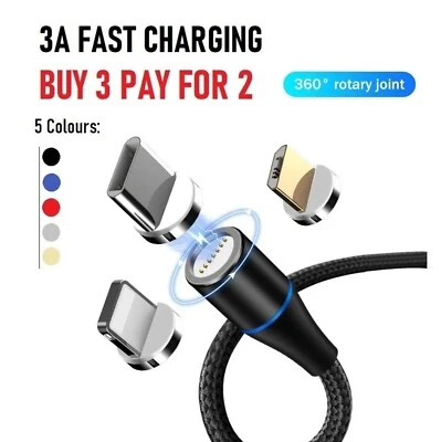 3 in 1 Magnetic USB Cable 3A FAST Charging Charger Phone Data Type-C Micro iOS - Image 1 of 4