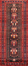 Vintage Geometric Wool Balouch Runner Rug 3' 6" x 9' 6" Hand-made Hallway Carpet